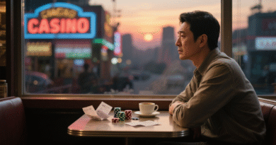 카지노 테이블 앞 카페에서 외로이 앉아있는 남성의 모습. 창밖에는 흐릿한 카지노 네온사인이 보이고, 테이블 위엔 커피잔과 배팅 영수증이 놓여 있다.