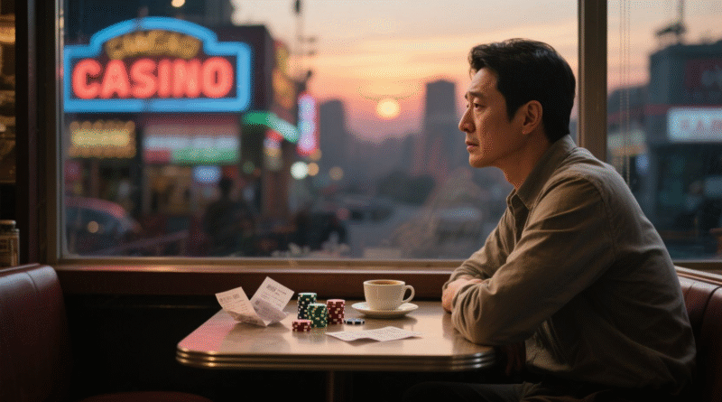 카지노 테이블 앞 카페에서 외로이 앉아있는 남성의 모습. 창밖에는 흐릿한 카지노 네온사인이 보이고, 테이블 위엔 커피잔과 배팅 영수증이 놓여 있다.