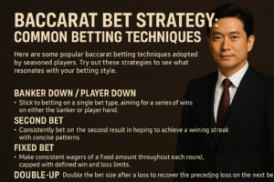 정장을 입은 남성이 정면을 응시한 채 서 있고, 옆에는 ‘BACCARAT BET STRATEGY: Common Betting Techniques’라는 영어 텍스트가 큼직하게 쓰여 있는 디지털 인포그래픽 이미지. 이 이미지는 바카라 베팅 전략과 관련된 정보를 시각적으로 정리한 포스터 형태이며, 검정과 흰색의 컬러 대비로 전문성과 집중력을 강조한다.