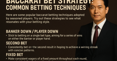 정장을 입은 남성이 정면을 응시한 채 서 있고, 옆에는 ‘BACCARAT BET STRATEGY: Common Betting Techniques’라는 영어 텍스트가 큼직하게 쓰여 있는 디지털 인포그래픽 이미지. 이 이미지는 바카라 베팅 전략과 관련된 정보를 시각적으로 정리한 포스터 형태이며, 검정과 흰색의 컬러 대비로 전문성과 집중력을 강조한다.