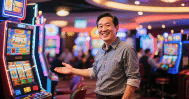 필리핀 카지노 내부에서 슬롯머신을 배경으로 활짝 웃는 한국인 남성 가이드의 모습.