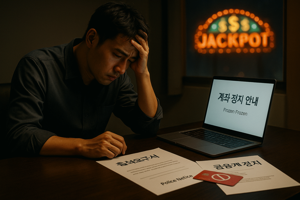 카지노 잭팟 화면을 옆에 둔 채 노트북 앞에 고개 숙인 남성이 좌절한 모습으로 앉아 있다. 후회와 혼란의 감정이 느껴지는 어두운 실내 장면.