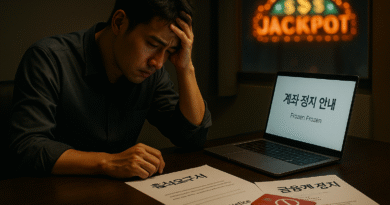 카지노 잭팟 화면을 옆에 둔 채 노트북 앞에 고개 숙인 남성이 좌절한 모습으로 앉아 있다. 후회와 혼란의 감정이 느껴지는 어두운 실내 장면.