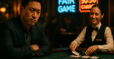 30대 한국 남성이 카지노 테이블에서 고개를 갸웃하며 카드 게임을 바라보는 모습. 배경에는 ‘공정한 게임’, ‘50:50 확률’ 네온사인이 보이고, 딜러는 여유롭게 미소 짓고 있다.