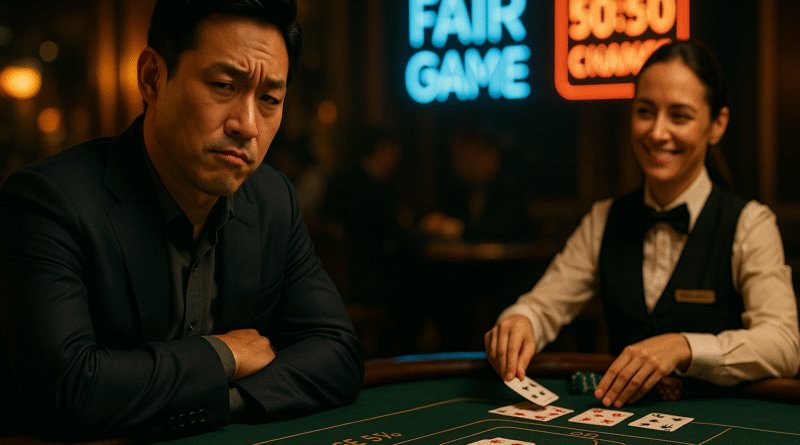 30대 한국 남성이 카지노 테이블에서 고개를 갸웃하며 카드 게임을 바라보는 모습. 배경에는 ‘공정한 게임’, ‘50:50 확률’ 네온사인이 보이고, 딜러는 여유롭게 미소 짓고 있다.