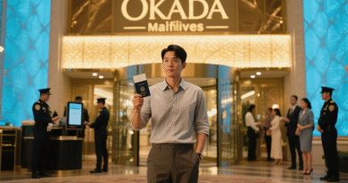 필리핀 오카다 마닐라 카지노 입구 앞에서 여권을 들고 입장하는 한국 남성. 고급스러운 분위기와 밝은 조명 속에 입장 대기 중인 관광객들이 보이며, 실제 입장 절차를 현실감 있게 보여주는 장면.