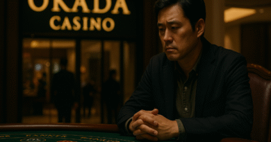 한국 남성이 오카다 카지노 테이블 앞에 앉아 조용히 베팅 칩을 만지며 고심하는 모습. 주변은 어두운 조명 속 진지한 분위기를 자아낸다.