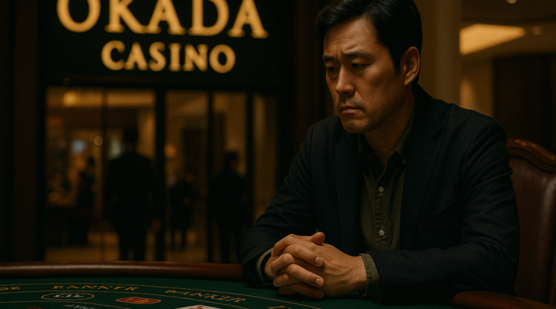 한국 남성이 오카다 카지노 테이블 앞에 앉아 조용히 베팅 칩을 만지며 고심하는 모습. 주변은 어두운 조명 속 진지한 분위기를 자아낸다.