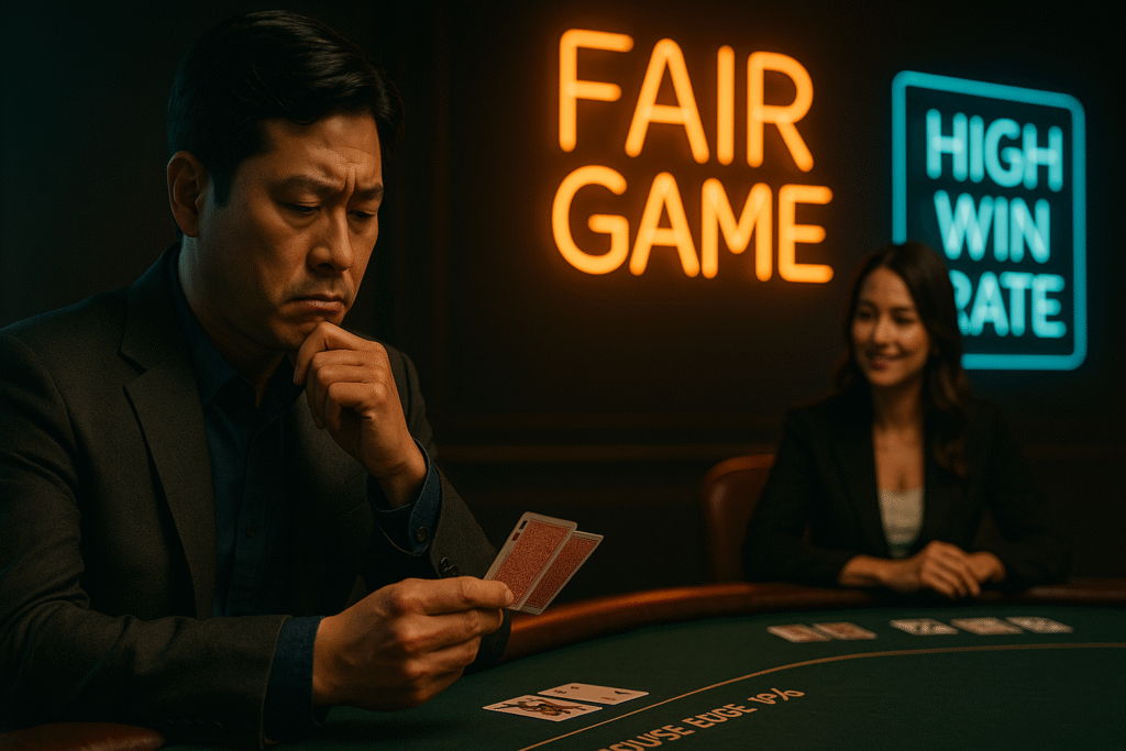 정장을 입은 한국 남성이 ‘FAIR GAME’과 ‘HIGH RISK’라는 네온사인 아래에서 진지한 표정으로 카지노 테이블을 응시하고 있는 모습