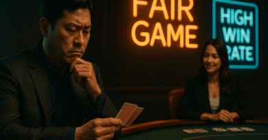 정장을 입은 한국 남성이 ‘FAIR GAME’과 ‘HIGH RISK’라는 네온사인 아래에서 진지한 표정으로 카지노 테이블을 응시하고 있는 모습