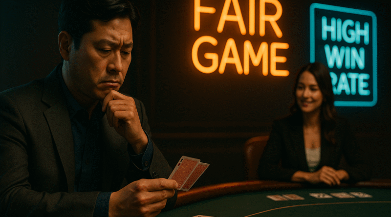 정장을 입은 한국 남성이 ‘FAIR GAME’과 ‘HIGH RISK’라는 네온사인 아래에서 진지한 표정으로 카지노 테이블을 응시하고 있는 모습