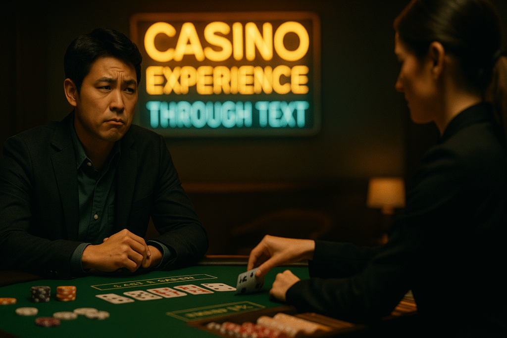 카드 게임 테이블 앞에 앉은 한국 남성이 ‘CASINO EXPERIENCE’와 ‘THROUGH TEST’라는 네온사인을 배경으로 진지한 표정으로 딜러와 마주하고 있다.