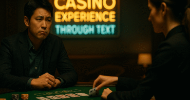 카드 게임 테이블 앞에 앉은 한국 남성이 ‘CASINO EXPERIENCE’와 ‘THROUGH TEST’라는 네온사인을 배경으로 진지한 표정으로 딜러와 마주하고 있다.