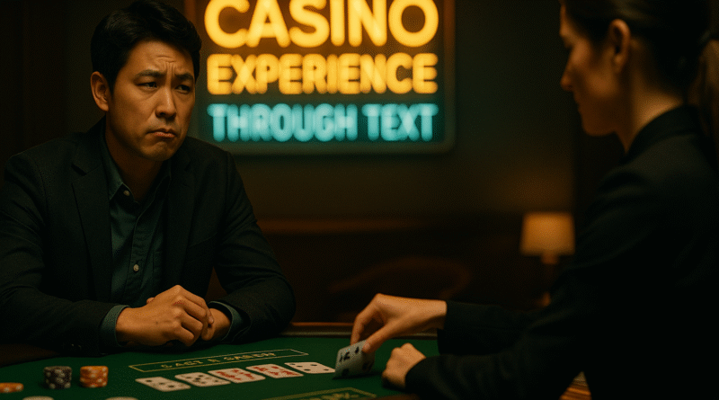 카드 게임 테이블 앞에 앉은 한국 남성이 ‘CASINO EXPERIENCE’와 ‘THROUGH TEST’라는 네온사인을 배경으로 진지한 표정으로 딜러와 마주하고 있다.
