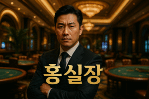 정장을 입은 중년 한국 남성이 필리핀 고급 카지노 내부에서 정면을 응시하며 '홍실장'이라는 자막이 화면에 표시되어 있음. 배경은 고급스러운 조명과 테이블이 배치된 VIP 룸 분위기.