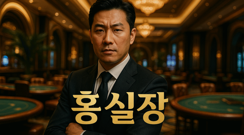 정장을 입은 중년 한국 남성이 필리핀 고급 카지노 내부에서 정면을 응시하며 '홍실장'이라는 자막이 화면에 표시되어 있음. 배경은 고급스러운 조명과 테이블이 배치된 VIP 룸 분위기.