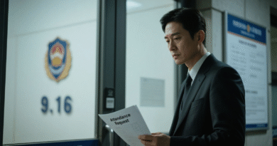 정장을 입은 한국 남성이 경찰서 앞에서 출석요구서를 들고 침착한 표정으로 서 있는 장면. 배경에는 경찰 엠블럼과 9:16 조사실 표시가 보이며, 법적 대응을 준비하는 분위기.