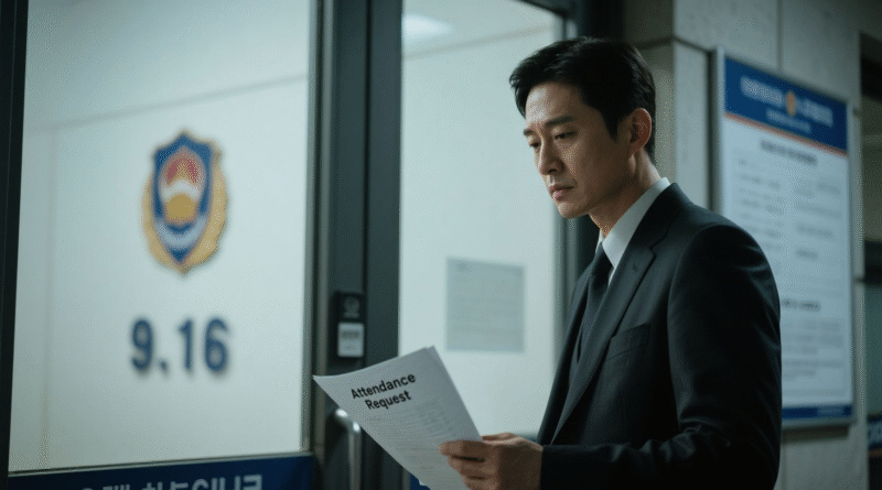 정장을 입은 한국 남성이 경찰서 앞에서 출석요구서를 들고 침착한 표정으로 서 있는 장면. 배경에는 경찰 엠블럼과 9:16 조사실 표시가 보이며, 법적 대응을 준비하는 분위기.