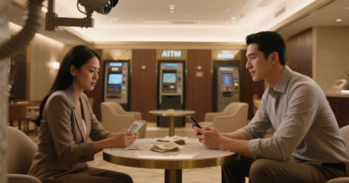 ATM 앞에서 카지노 환전 중인 남녀의 대면 거래 장면