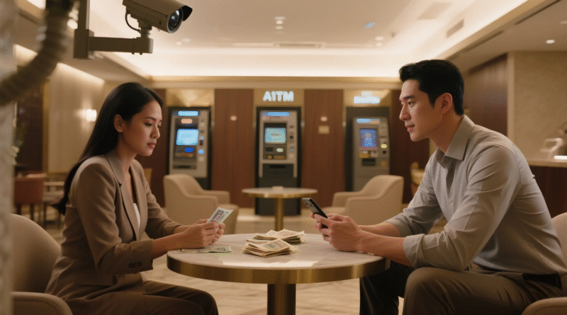 ATM 앞에서 카지노 환전 중인 남녀의 대면 거래 장면