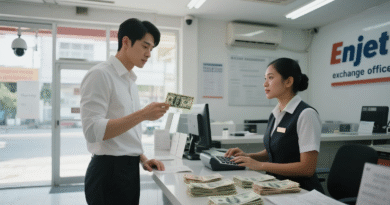 필리핀 환전소에서 달러를 전달하며 환전 중인 남성과 여성 직원의 거래 장면