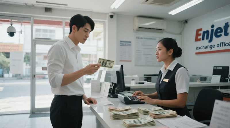 필리핀 환전소에서 달러를 전달하며 환전 중인 남성과 여성 직원의 거래 장면