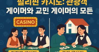 ‘필리핀 카지노: 관광객 게이머와 교민 게이머의 모든 것’이라는 제목이 중앙에 삽입된 일러스트 이미지. 두 유형의 게이머를 상징하는 캐릭터가 양쪽에 배치되어 있으며, 카지노 테이블과 칩, 카드 등의 시각적 요소가 배경을 구성하고 있다.