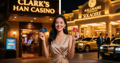 클락 한카지노 입구 앞에서 미소 짓고 서 있는 아름다운 여성. 카지노 간판과 고급스러운 입구가 조명을 받아 빛나며, 실제 클락 카지노의 분위기를 잘 보여주는 장면.