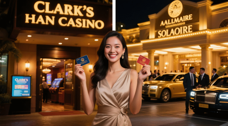클락 한카지노 입구 앞에서 미소 짓고 서 있는 아름다운 여성. 카지노 간판과 고급스러운 입구가 조명을 받아 빛나며, 실제 클락 카지노의 분위기를 잘 보여주는 장면.