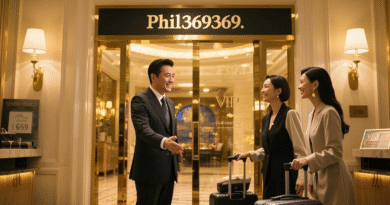 Phil369 로고가 걸린 고급 카지노 로비에서 한국인 커플이 짐을 맡기며 VIP 안내를 받고 있는 장면. 따뜻한 조명 아래 신뢰감 있는 분위기의 실내 장면.