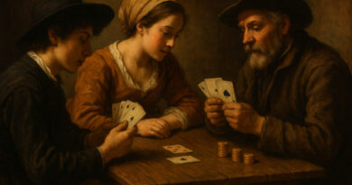 17세기 유럽의 선술집에서 남성 세 명이 테이블에 둘러앉아 카드 게임을 즐기고 있는 장면. 어두운 조명 아래 집중한 표정과 손의 제스처가 강조되며, 고전 유화 스타일로 사실적으로 묘사됨. 블랙잭의 역사적 기원을 연상시키는 분위기.