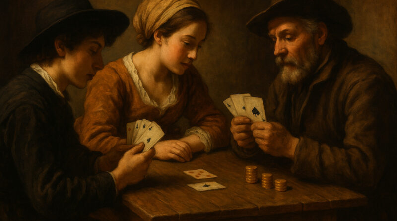 17세기 유럽의 선술집에서 남성 세 명이 테이블에 둘러앉아 카드 게임을 즐기고 있는 장면. 어두운 조명 아래 집중한 표정과 손의 제스처가 강조되며, 고전 유화 스타일로 사실적으로 묘사됨. 블랙잭의 역사적 기원을 연상시키는 분위기.