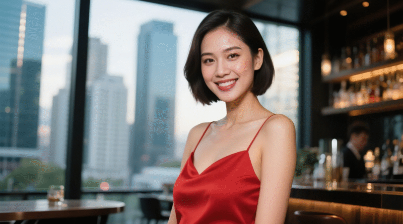 레드 드레스를 입은 아름다운 여성, 마닐라 JTV 바 실내에서 환하게 웃는 모습