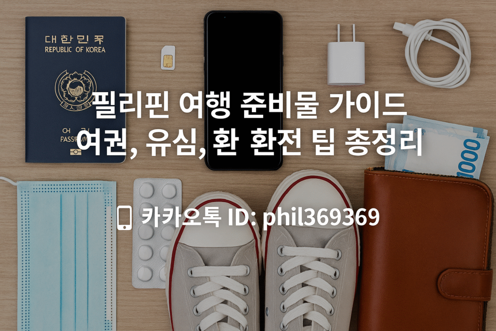 필리핀 여행 준비물 가이드를 소개하는 한글 텍스트가 삽입된 이미지. 여권, 유심, 상비약 등이 깔끔하게 테이블에 정리되어 있고, 실용적인 여행 준비 분위기를 연출하고 있다.