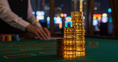 필리핀 카지노 바카라 테이블 위 쌓여 있는 황금색 칩과 딜러의 손, 그리고 멀리 보이는 화려한 도시 야경