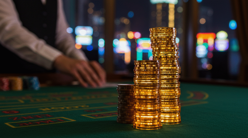 필리핀 카지노 바카라 테이블 위 쌓여 있는 황금색 칩과 딜러의 손, 그리고 멀리 보이는 화려한 도시 야경