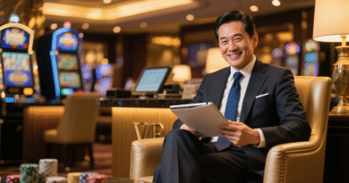 정장을 입은 홍실장이 필리핀 카지노 VIP 라운지에서 친절한 미소로 고객 상담을 준비하는 모습