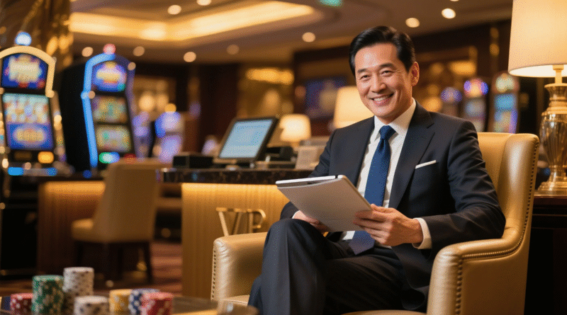 정장을 입은 홍실장이 필리핀 카지노 VIP 라운지에서 친절한 미소로 고객 상담을 준비하는 모습
